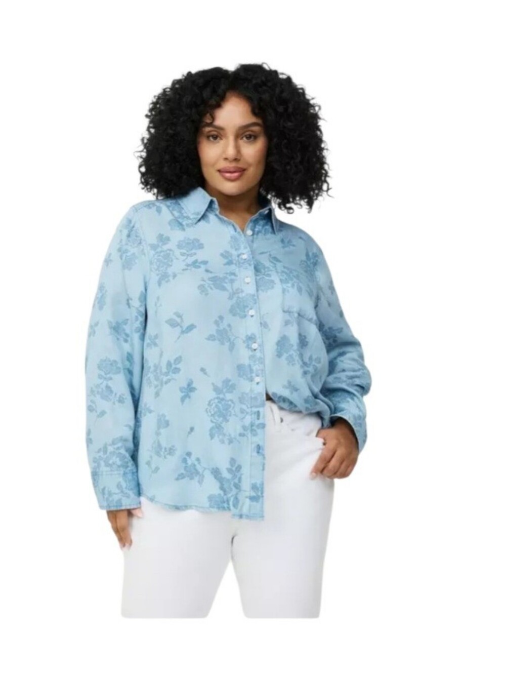 Torrid Lizzie Tencel Becca Blue Floral Chambray Button - Up Shirt 1X